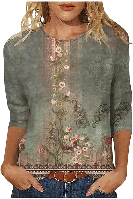 Womens 3/4 Length Sleeve Tops Vintage Fashion Print Boho Summer Spring Shirt Casual Loose Crew Neck Blouse Going Out