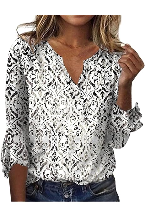 3/4 Sleeve Tops for Women Summer, Women's V Neck T Shirts Loose Summer Flowy 3/4 Tees Bell Sleeve Tops Casual Tunic Blouses