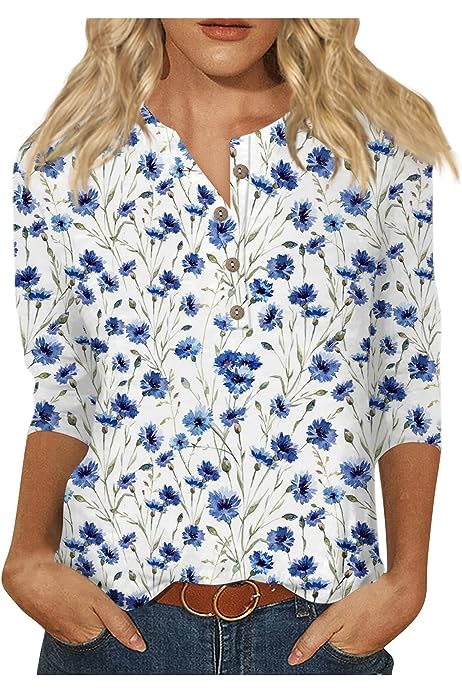 Womens 3/4 Length Sleeve Tops Casual Button Down Autumn Shirts Loose Fit Three Quarter Length Sleeve Blouse
