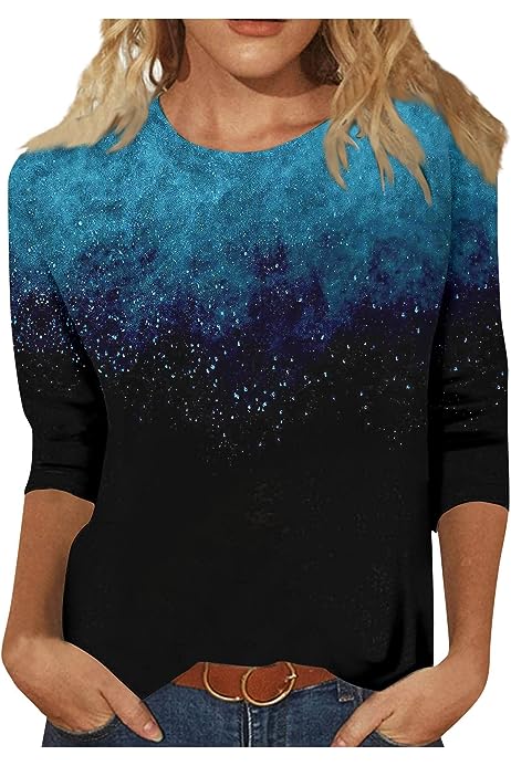 3/4 Length Sleeve Womens Tops Cotton Womens Tops Crewneck Cute Shirts Casual Print Trendy Tops T Shirt Summer Blouse