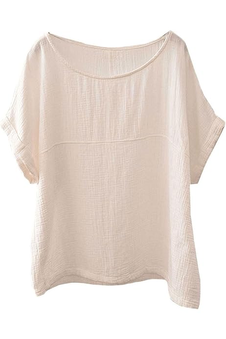 Women's Cotton Linen Round Collar Boxy Top Patchwork Blouses