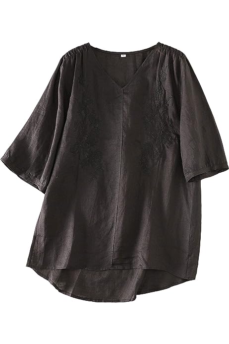 Women's Linen Embroidery Blouse V-Neck Tunic Elbow Sleeve Shirts Tops