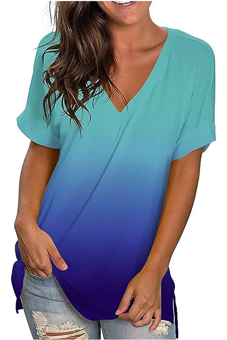 Womens Summer Tops 2023 Casual Dressy Short Sleeve V Neck T Shirts Trendy Floral Graphic Tee Blouse Cute Workout Tops