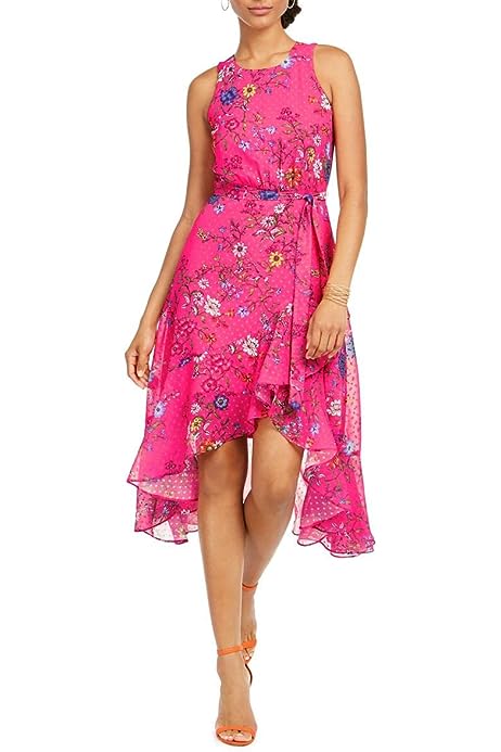 Women's Printed Clip Dot Chiffon Hi Low Dress