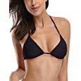 SHEKINI Women&#39;s Halter Triangle Bikini Padded Tie String Bathing Suits Top (Manhattan Black - Top, Medium)