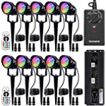 SUNVIE RGBW Low Voltage Landscape Lighting Kit with Transformer and Timer 12W 12-24V Outdoor LED Color Changing Landscape Lights with Connector for Garden Pathway Wall Tree ETL Listed Cord, 10 Pack