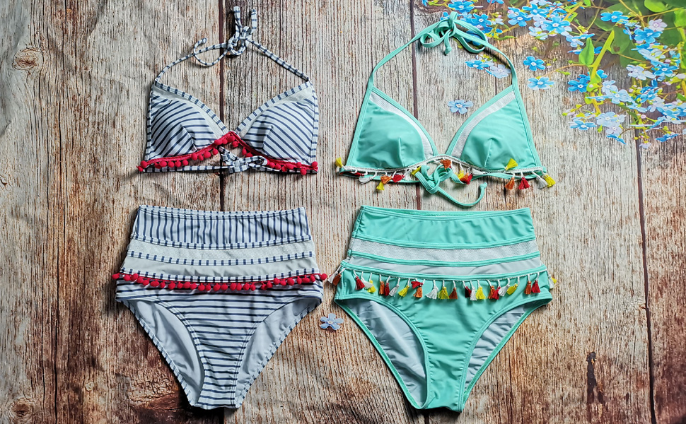 COCOSHIP Mesh Striped High Waist Bikini Set Pom Pom Tassel Trim Swimsuit