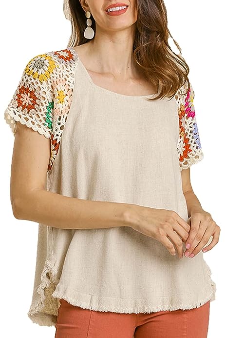 Umgee Womens Linen Blend Colorful Floral Crochet Detailed Short Sleeve Top