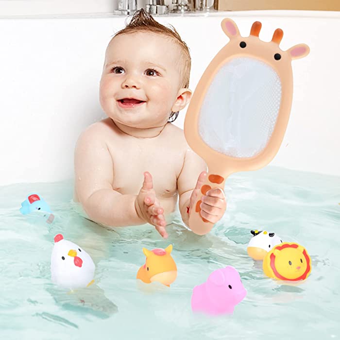Toddler Bath Toys,Squirtin Bathtub Toy with 6 Floating Animals and 1 Fishing Net,Bathroom Pool Play Set for Babies and Kids