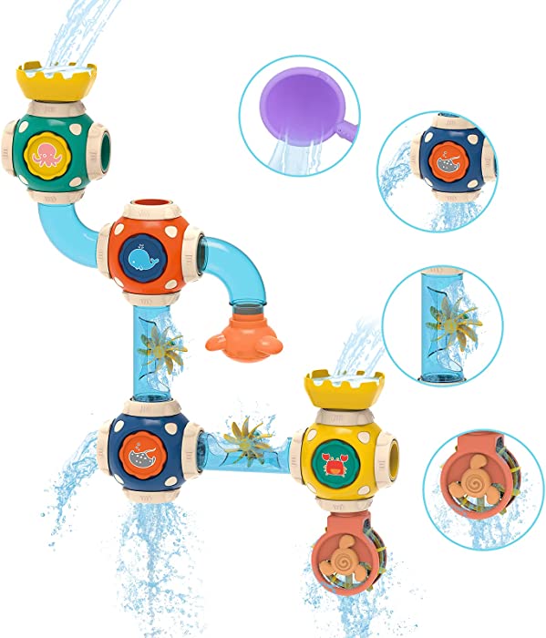ZWYOIUG Bath Toys, STEM Baby Bathtub Toy with DIY Pipe Tubes, Cubes,Spoon, Lovely Cute Bathroom Time Spray Waterfall Shower Toy, Great Gifts for Toddlers Boys Girls 3 Years and up