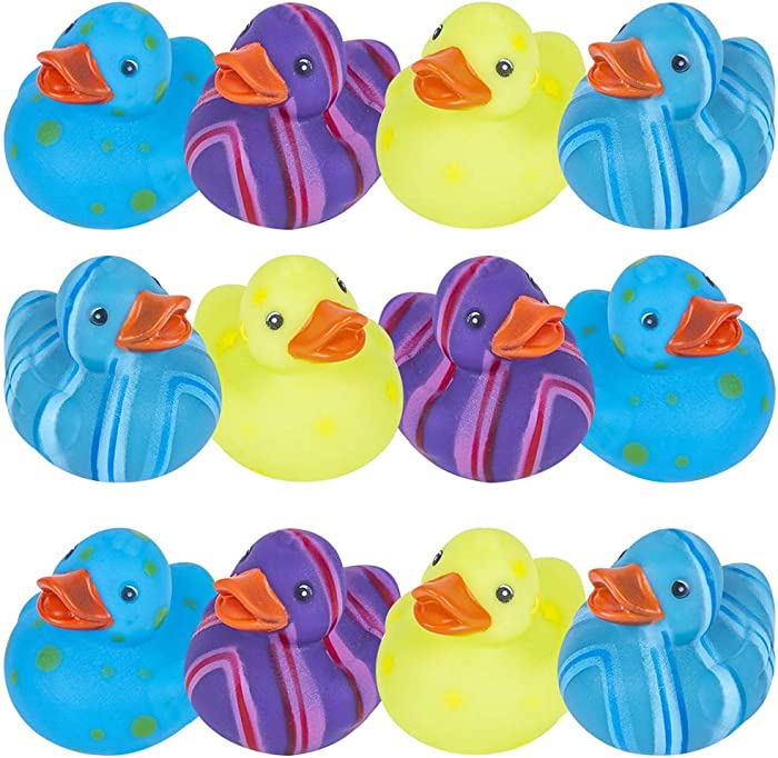ArtCreativity Multicolored Pattern Rubber Duckies for Kids, Pack of 12 Cute Duck Bath Tub Pool Toys, Fun Carnival Supplies, Birthday Party Favors for Boys and Girls