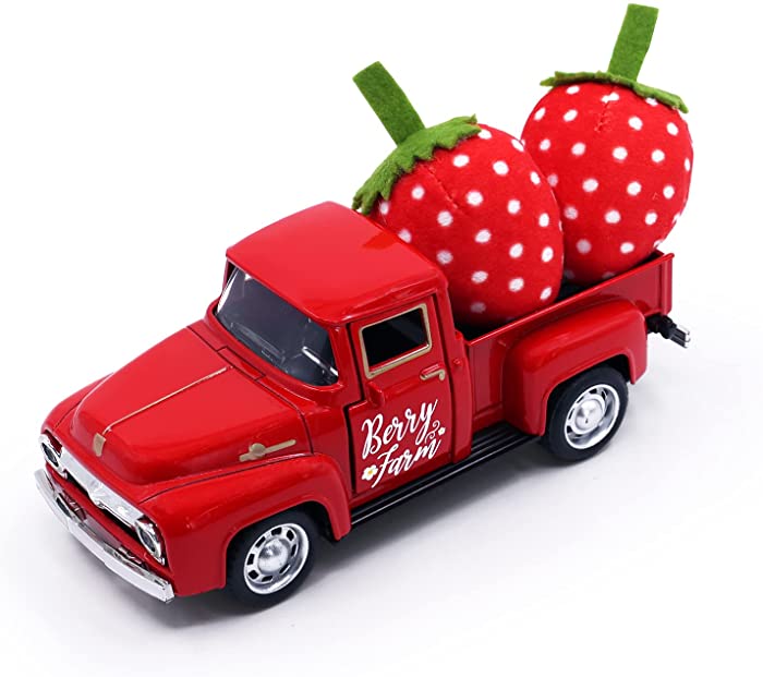 Huray Rayho Metal Red Truck with 2 PCS Artificial Strawberry, Vintage Stuffed Fabric Berry Farm Pickup Farmhouse Summer Tabletop Tiered Tray Decor Home Kitchen Shelf Mini Diecast Truck Decorations