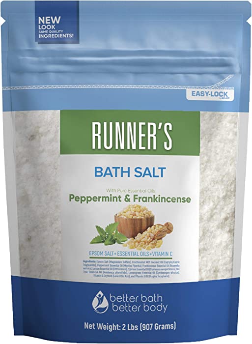 Runner's Bath Salt 32 Ounces Epsom Salt with Natural Peppermint, Frankincense, Lemon, Cypress, Tea Tree and Lemongrass Essential Oils Plus Vitamin C in BPA Free Pouch with Easy Press-Lock Seal