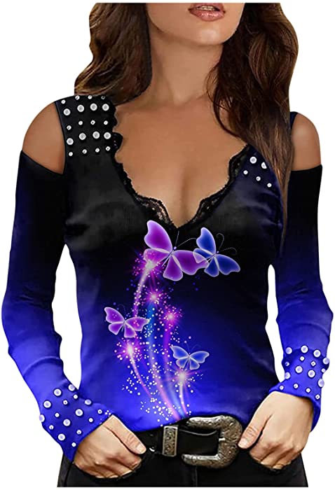 Cold Shoulder Tops for Women Criss Cross Front Strappy T-Shirt Sexy V Neck Lace Trim Long Sleeve Shirts Dressy Blouses