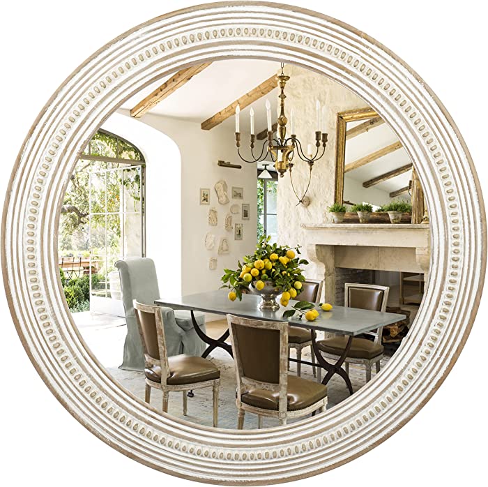 Reflinto 24" Round Decorative Wall Hanging Mirror,Rustic Distressed Natural Wooden Farmhouse Frame Decor with White Wash Beads line for Bedroom, Bathroom,Living Room or Entryway