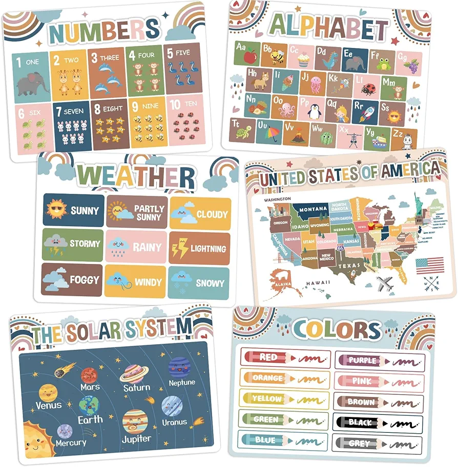 Educational Preschool Placemats for Kids Set of 6 Boho Non Slip Reusable Plastic Tablemats Toddler Children Montessori Table Mats for Home School Nursery Kindergarten Classroom Dining Table