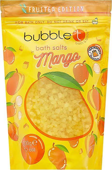 Bubble T Cosmetics Fruitea Mango Bath Salts, Soothes Tired Limbs & Freshens Up Bath Time with Sweet & Fruity Scents, Provides All Day Freshness - 1 x 500g