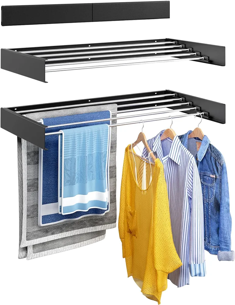 31.5" Wide Laundry Room Drying Rack Wall Mounted - Space Saver & Retractable 13.1 Linear Ft 5 Aluminum Rods 40 lb Capacity with Wall Template Screwdriver Bit Drill Bit