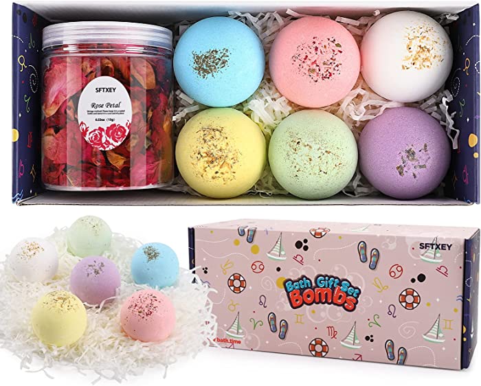 SFTXEY Bath Bombs with Rose Petals 6 Pcs Bath Bombs for Women, Handmade Bubble Bath Bomb Gift Set, Rich in Essential Oils, Sea Salt, Can Moisturize Skin, Perfect Christmas Spa Gifts for Kids, Her/Him