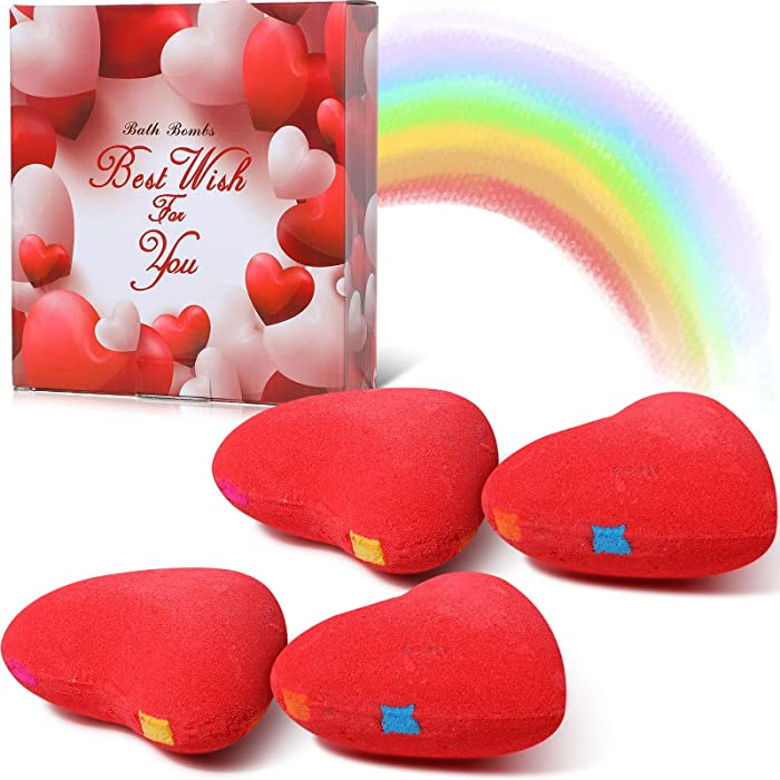 Valentine's Day Hearts Shape Bath Bombs Gift Set 4 x 4oz Gift Idea for Women Teens Girlfriend Kids Colorful Bubble and Bath Bomb with Moisturizing Essential Oil for Shower Home Shower Steamer Spa