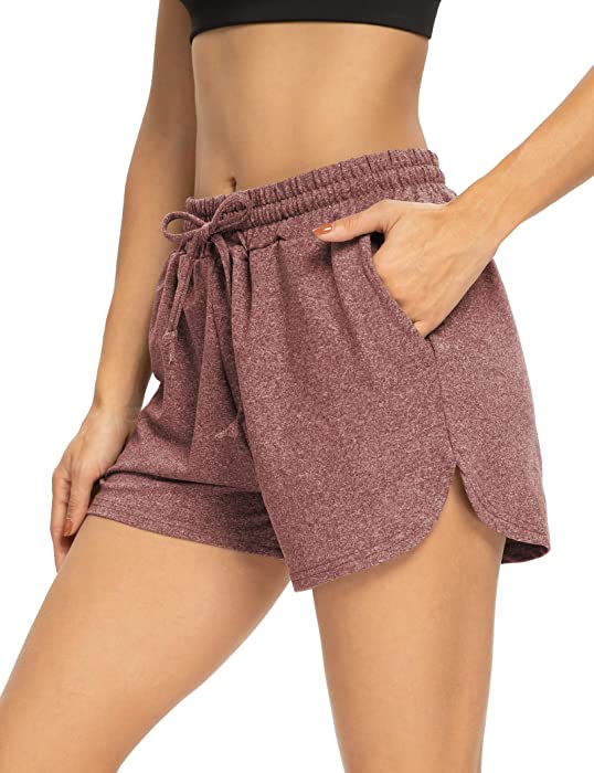 THANTH Womens 3" Yoga Shorts Elastic Waist Comfy Cotton Lounge Pajamas Workout Running Terry Jersey Shorts with Pockets