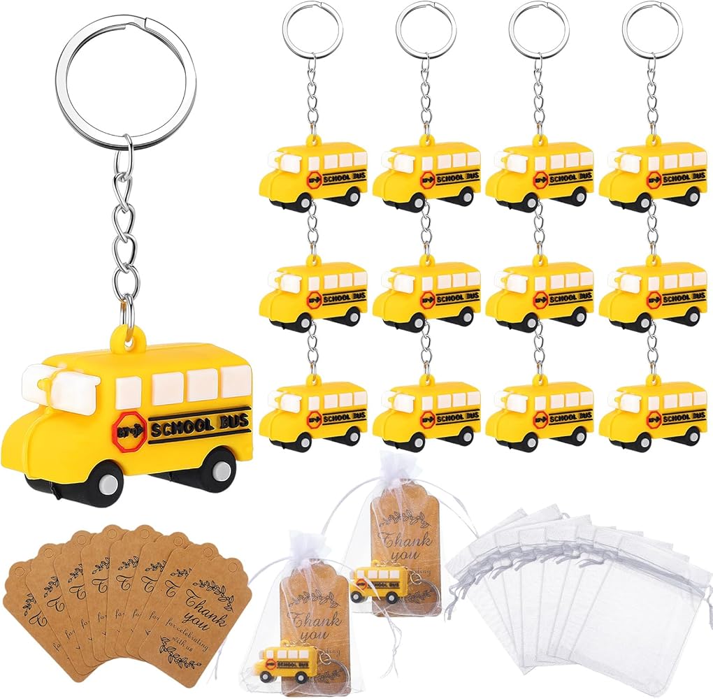 12 Pcs School Bus Party Favors School Bus Keychain with White Organza Thank You Kraft Tags for Birthday Party Favors Backpack Key Decorations Classroom Rewards School Bus Theme Supplies
