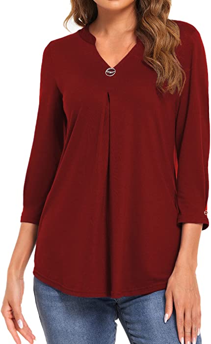 Halife Women's 3/4 Sleeve Tunic Blouses V Neck Loose Summer Work Shirt Business Casual Tops