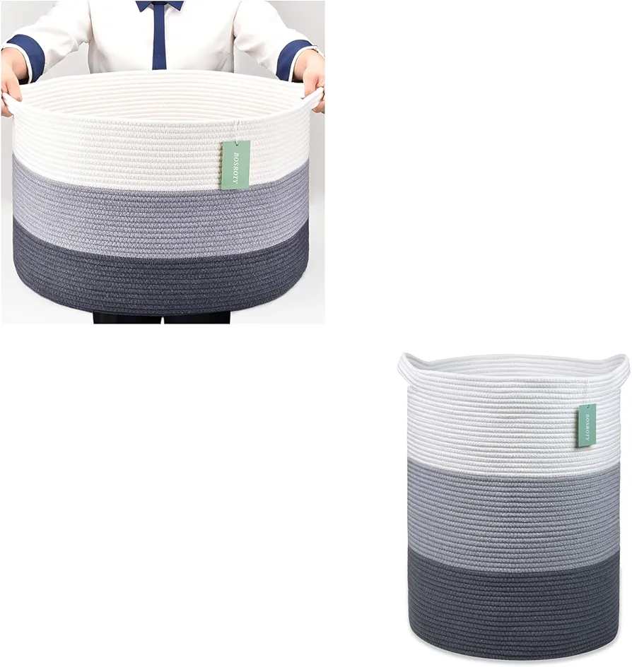 Extra Large Cotton Rope Basket For Girls Boys Kids 87L and Tall Cotton Rope Laundry Basket Hamper for Clothes 72L, Woven Storage Basket for Living Room Bedroom, Tall Rope Baskets