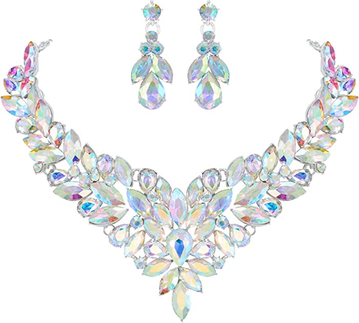 SWEETV Costume Jewelry for Women,Wedding Bridal Jewelery for Brides, Bridesmaids, Austrian Crystal Teardrop Cluster Necklace Dangle Earrings Jewelry Set