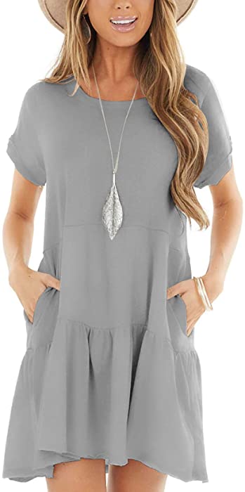 Minclouse Women's Short Sleeve Flowy Swing T Shirt Dress Baby Doll Cute Casual Pockets Dresses