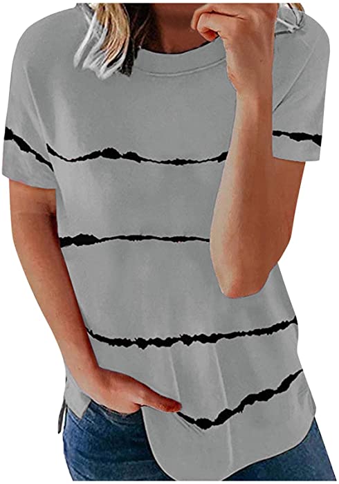 Womens Cute Printed Crew Neck Short Sleeve T Shirts Trendy Casual Workout Summer Tops Loose Fit Tee T-Shirts Blouse