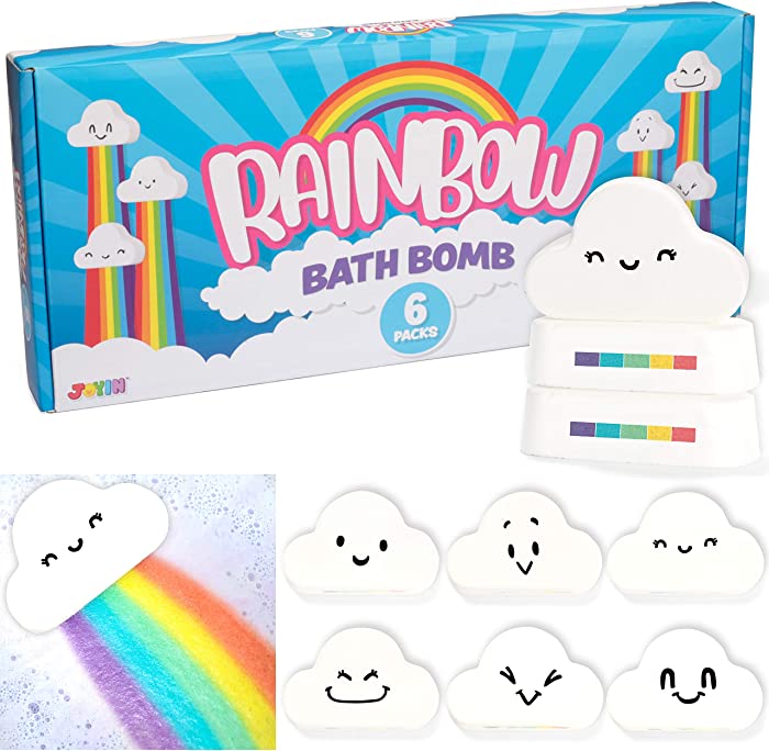 JOYIN Rainbow Bath Bombs Gift Set, 6 Packs Cloud Shaped Bubble Bath Bombs with Assorted Cute Faces, Natural Essential Oil SPA Bath Fizzies Set, Kids & Women Birthday Gift Easter Basket Stuffers