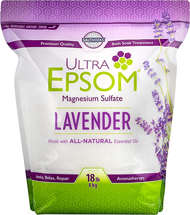 SaltWorks Ultra Epsom, Lavender Scented Premium Epsom Bath Salt, 18 Pound Bag, White, ULE-LAV-18