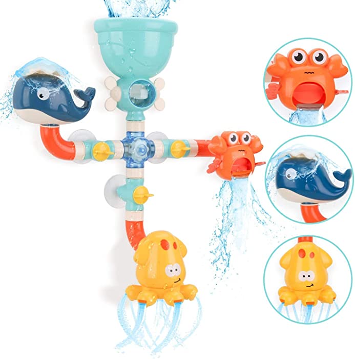 BBLIKE Bath Toys Bathtub Toys for Toddlers Kids 3 4 5+ Year Old Girls Boys, DIY Preschool Bath Pipes Toy, Cute Animal Water Spray Baby Bath Toys-Colorful