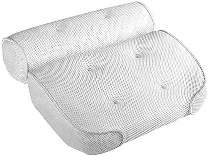 Milisten 1 Pc Soft White Bath Pillow, 3D Non Slip Spa Pillow with 6 Suction Cups for Neck, Head, Shoulder and Back Support- Soft, Non- Slip, Extra Thick