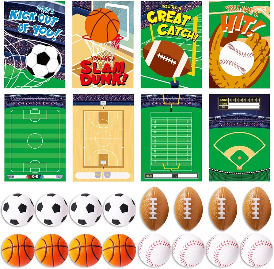 36 Sets Valentines Day Sports Gift Card for Kids with Stress Balls Mini Squeeze Foam Soccer Basketball Baseball Football Stress Relief Balls Toys Bulk for Classroom Exchange, Valentine Party Favors