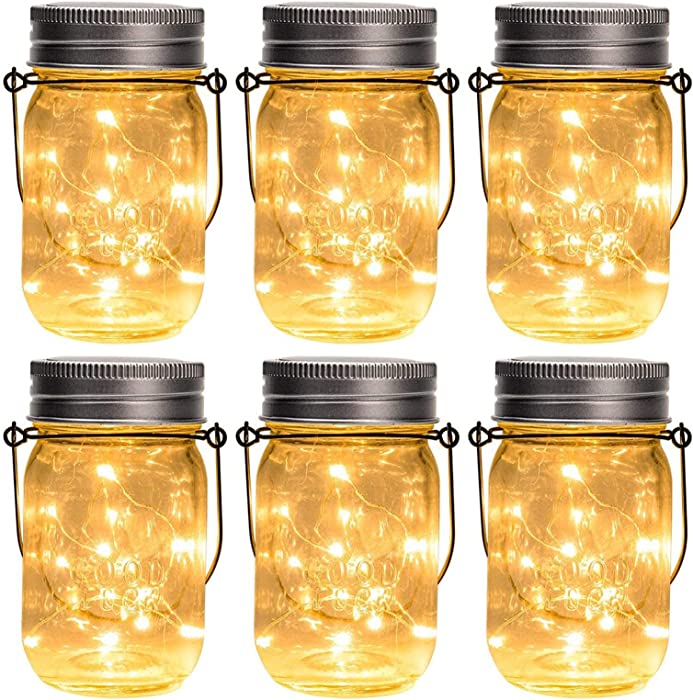 GIGALUMI Hanging Solar Mason Jar Lights, 6 Pack 30 Led String Fairy lights Solar Lanterns Table Lights, 6 Hangers and Jars included. Great Outdoor Lawn Decor for Patio Garden, Yard and Christmas Decor