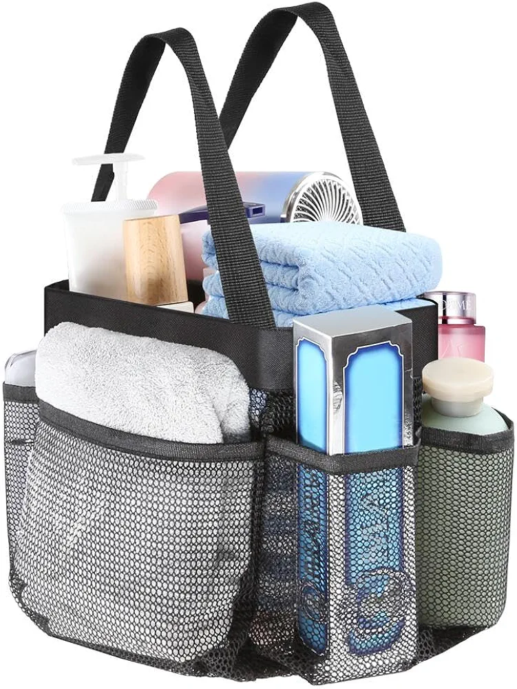 Mesh Shower Caddy Portable for College Dorm Room Essentials, Portable Shower Caddy Dorm with 8-Pocket Large Capacity, Shower Bag for Beach, Swimming, Gym (Black 1PCS)