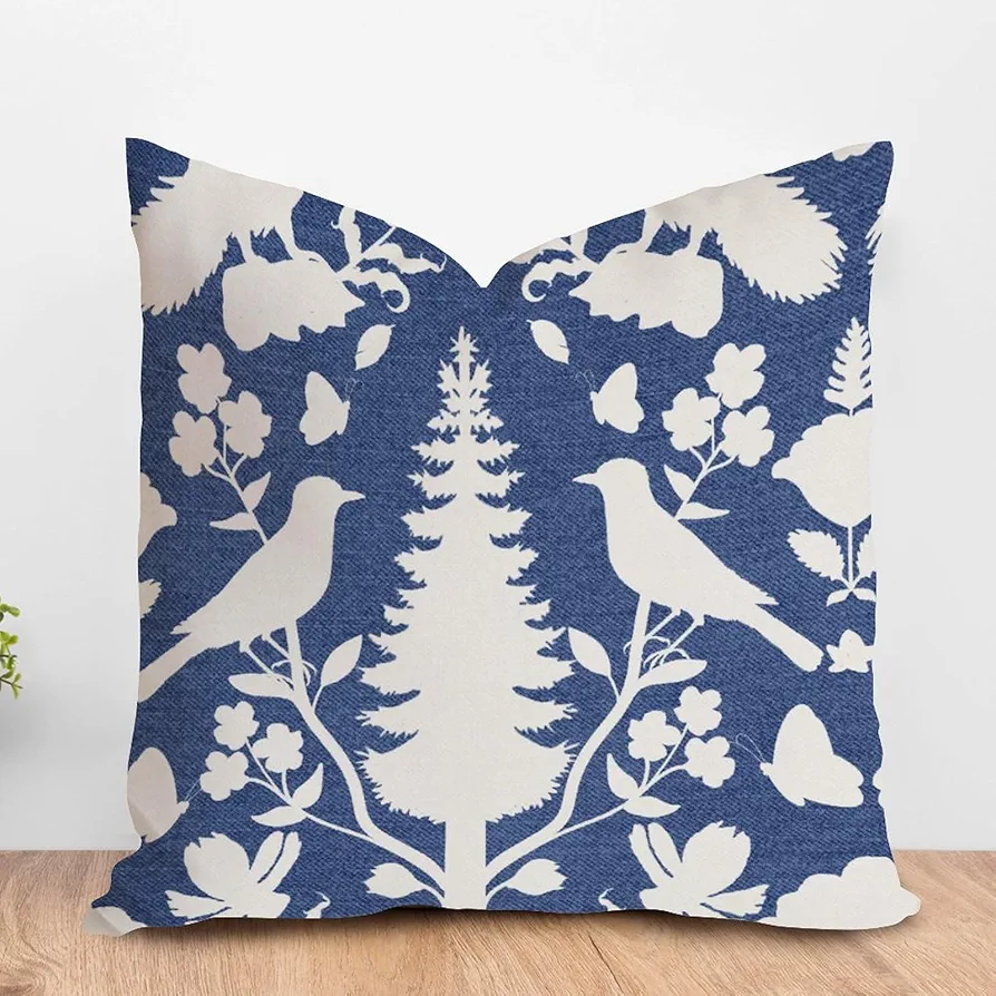 Traditional Chinese Chinoiserie Cushion Cover Indigo Blue and Ivory Bird Flower Throw Pillows Chinoiserie Botanicals and Bird Pillow Cases for Living Room Bedroom 22x22in White Flax