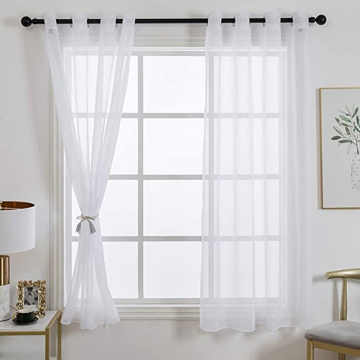 Zebrasmile 1 Pair Grommet Top White Sheer Curtain Elegant Lightweight Voile Panel Drapes for Living Room and Sliding Glass Door Kitchen Bedroom Ring Sheers Drapery Window Treatment 63 inch Long