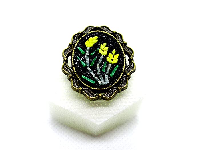 Handmade Natural Stone Mosaic Ring Tulip Flowers Patterned Antique Colored Jewelery With An Elegant Frame