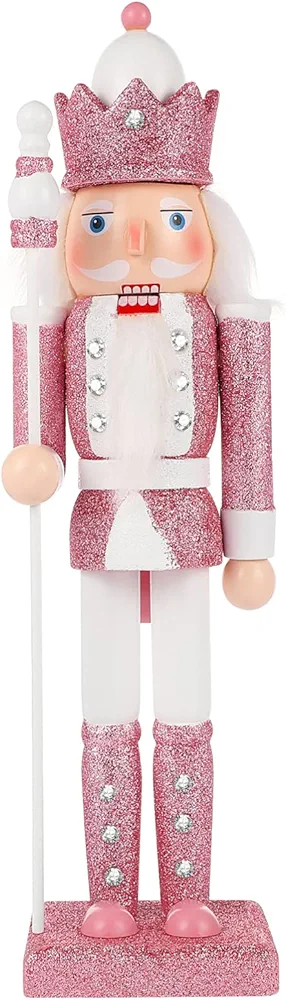 Christmas Nutcracker Wooden Ornament Collectible Statue Nutcracker King Figurine for Home Decor (Pink)