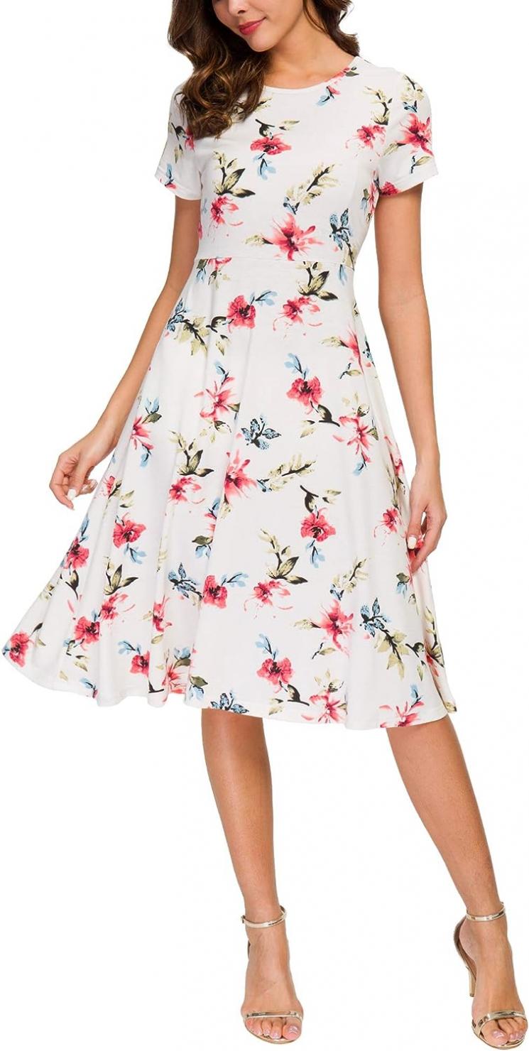 Urban CoCo Women's Floral Print Short Sleeve Flared Midi Dress