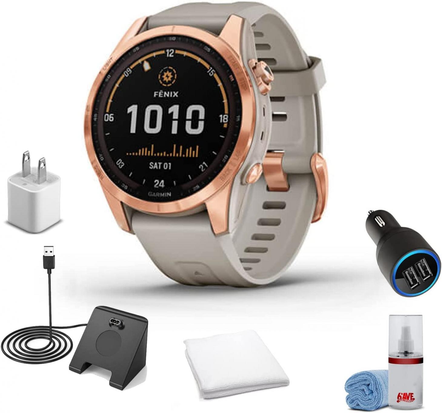 Garmin Fenix 7S Solar Edition Smart Watch Rose Gold with Light Sand Band (42mm) + Watch Charging Stand + USB Car/Wall Adapter + 6TH AVE Cleaning Kit + Sweat Workout Towel (010-02539-10)