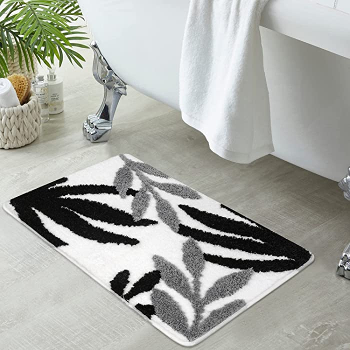 Uphome Bathroom Rugs Black and Gray Leaves Bath Mat Non Slip Water Absorbent Cute Bath Rug Soft Microfiber Machine Washable Modern Floor Mats for Tub Bathroom Indoor Doormat,20"x31"